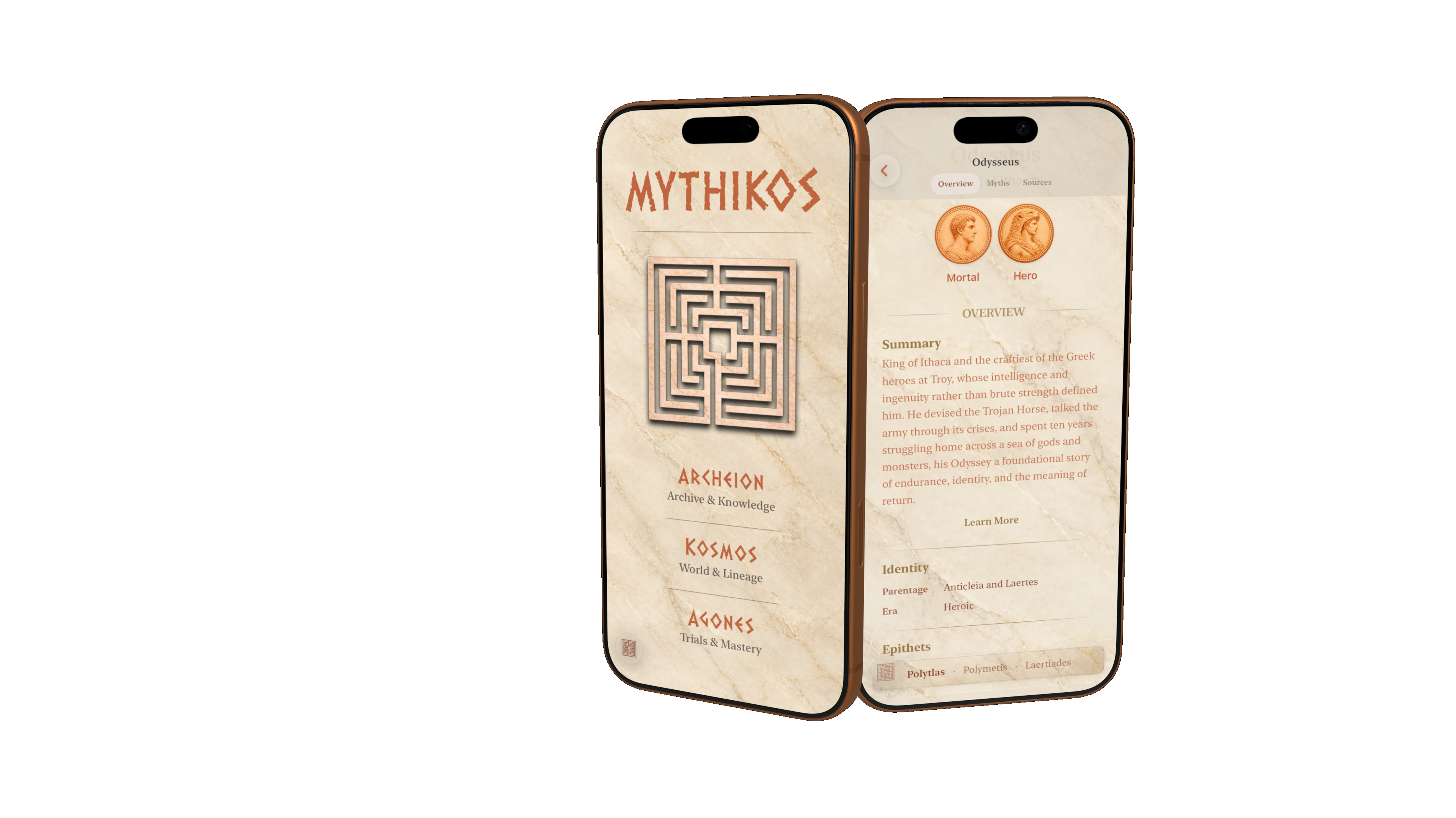 Mythikos app preview showing the Archive, World and Trials sections on an iPhone.